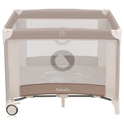 Tarc de joaca copii, Lionelo, Bonnie, Pana la 15 kg, 100 x 100 cm, Pliere compacta, Include geanta de transport, Din plasa, Cu intrare laterala cu fermoar, Cu roti, Cu salteluta din spuma, Conform cu EN12227, Bej BYNLO-BONNIE_BEIGE_SAND