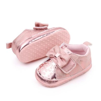 Pantofiori roz sidefat cu imprimeu si fundita csbhx3062-1-va8