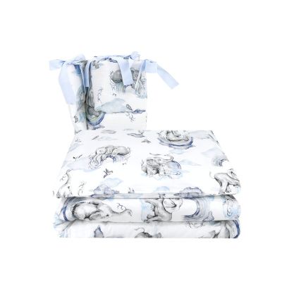 Lenjerie patut 3 piese, Qmini, Pentru patut 120x60 cm, Cu protectie laterala, Din bumbac certificat Oeko Tex Standard 100, Elephants on Rainbow Blue BYN6426972026352