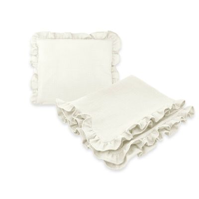 Set paturica si perna, MimiNu, Cu fata de perna inclusa Din muselina bumbac certificat Oeko Tex Standard 100, Perna 30x35cm, Paturica 60x70cm, Cu volane, Cream BYN6426972026505