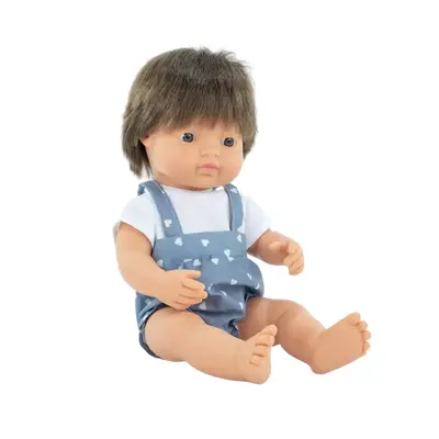 Papusa baiat caucazian 38 cm, par saten inchis, in salopeta, corp parfumat, colectia my friends and me - okeml33209