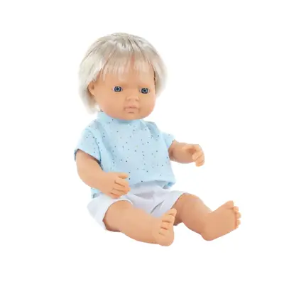 Papusa baiat caucazian blond 38 cm cu tricoul bleu, corp parfumat, colectia my friends and me - okeml33201