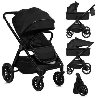 Carucior 2 in 1, Lionelo, Layla, Pana la 22 kg, Cadru aluminiu, Cu landou intarit si salteluta din spuma AirDots, Reversibil, Cu ventilatie 3D, Cu accesorii, EN1888-1, EN1888-2, EN1466, Negru BYNLO-LAYLA_2IN1_BLACK_ONYX