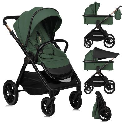Carucior 2 in 1, Lionelo, Layla, Pana la 22 kg, Cadru aluminiu, Cu landou intarit si salteluta din spuma AirDots, Reversibil, Cu ventilatie 3D, Cu accesorii, EN1888-1, EN1888-2, EN1466, Verde BYNLO-LAYLA_2IN1_GREEN_FOREST