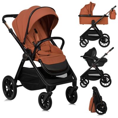 Carucior 3 in 1, Lionelo, Layla, Pana la 22 kg, Cadru aluminiu, Cu landou intarit si salteluta din spuma AirDots, Scoica auto, Reversibil, Cu ventilatie 3D, Cu accesorii, EN1888-1, EN1888-2, EN1466, Maro BYNLO-LAYLA_3IN1_BROWN_RUST