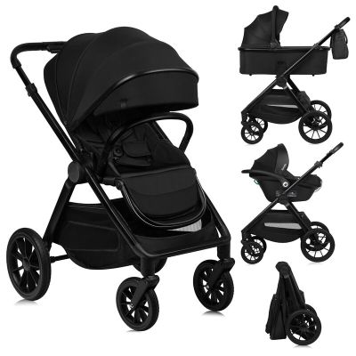 Carucior 3 in 1, Lionelo, Layla, Pana la 22 kg, Cadru aluminiu, Cu landou intarit si salteluta din spuma AirDots, Scoica auto, Reversibil, Cu ventilatie 3D, Cu accesorii, EN1888-1, EN1888-2, EN1466, Negru BYNLO-LAYLA_3IN1_BLACK_ONYX