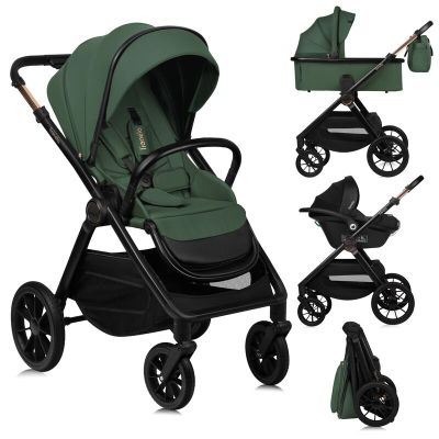 Carucior 3 in 1, Lionelo, Layla, Pana la 22 kg, Cadru aluminiu, Cu landou intarit si salteluta din spuma AirDots, Scoica auto, Reversibil, Cu ventilatie 3D, Cu accesorii, EN1888-1, EN1888-2, EN1466, Verde BYNLO-LAYLA_3IN1_GREEN_FOREST