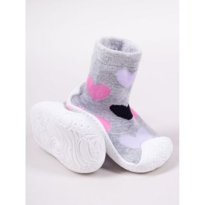 Mocasini pentru copii cu talpă antiderapantă – design inimioare roz și negre pe fond gri obg-0010c