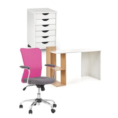 Set birou copii hm fino, pal melaminat, rafturi, stejar auriu/alb cu scaun hm andy roz, mesh, 102 kg si dulapior rulant hm simon 2, cu roti, front mdf, alb drm10332