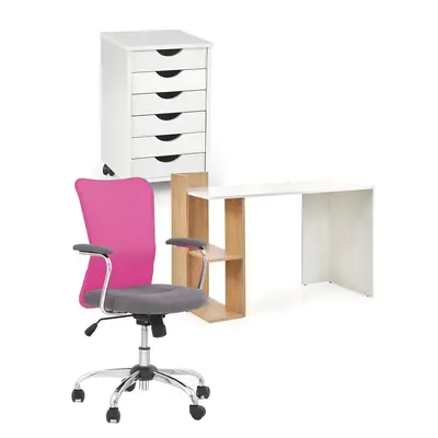 Set birou copii hm fino, pal melaminat, rafturi, stejar auriu/alb cu scaun hm andy roz, mesh, 102 kg si dulapior rulant hm simon 2, cu roti, front mdf, alb drm10332