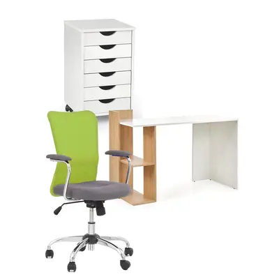 Set birou copii hm fino, pal melaminat, rafturi, stejar auriu/alb cu scaun hm andy verde, mesh, 102 kg si dulapior rulant hm simon 2, cu roti, front mdf, alb drm10333