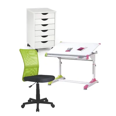 Set birou ergonomic hm collorido inaltime reglabila, unghi inclinare ajustabil, cu scaun hm dingo verde, mesh, 80 kg si dulapior rulant hm simon 2, cu roti, front mdf, alb drm10327
