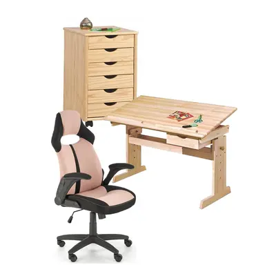 Set birou ergonomic hm julia inaltime reglabila, unghi inclinare ajustabil, cu scaun hm bloom roz/negru, stofa/mesh, 100 kg si dulapior rulant hm nils, cu roti, lemn, natur drm10328