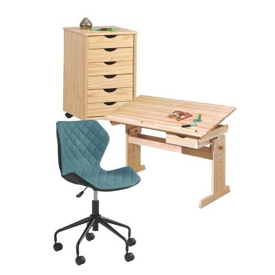 Set birou ergonomic hm julia inaltime reglabila, unghi inclinare ajustabil, cu scaun hm matrix negru/turcoaz, stofa, 100 kg si dulapior rulant hm nils, cu roti, lemn, natur drm10330