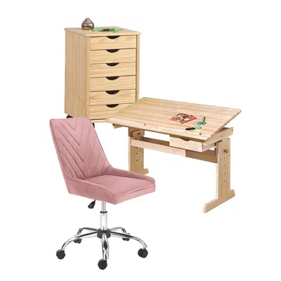 Set birou ergonomic hm julia inaltime reglabila, unghi inclinare ajustabil, cu scaun hm rico roz, catifea, 100 kg si dulapior rulant hm nils, cu roti, lemn, natur drm10331