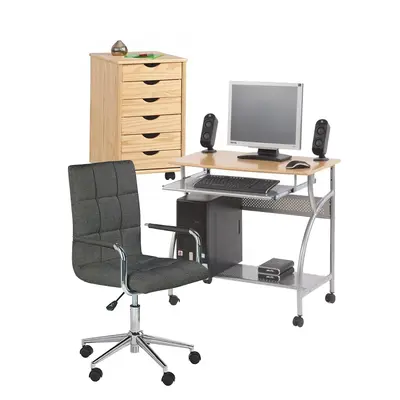 Set mobilier birou copii hm b6, mdf, metalic, spatii depozitare, cu scaun hm gonzo 3 gri inchis, stofa, 90 kg si dulapior rulant hm nils, cu roti, lemn, natur drm10336