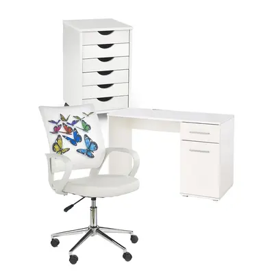 Set mobilier birou copii hm lima b1, pal lucios, spatii depozitare, cu scaun hm ibis butterfly, stofa/piele ecologica, 100 kg si dulapior rulant hm simon 2, cu roti, front mdf, alb drm10335