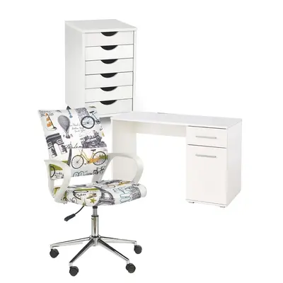 Set mobilier birou copii hm lima b1, pal lucios, spatii depozitare, cu scaun hm ibis paris, stofa, 100 kg si dulapior rulant hm simon 2, cu roti, front mdf, alb drm10334