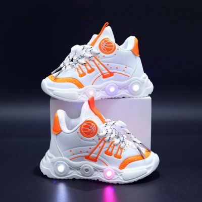 Adidasi albi cu portocaliu cu luminite - baseball mbo-896-1-c