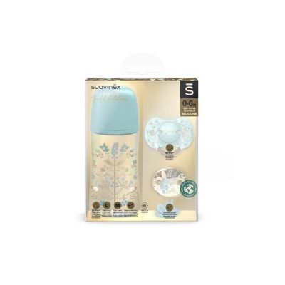 Set biberon 270ml + suzetă 0-6m + lănțișor Albastru Gold Premium JEM8426420080248