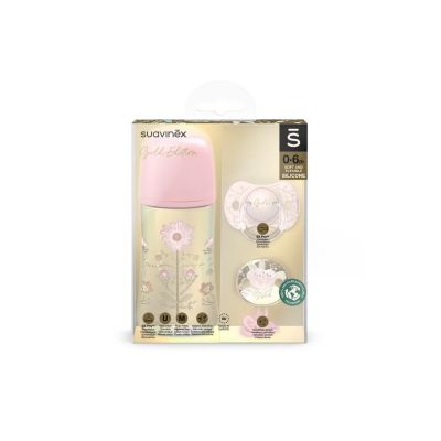 Set biberon 270ml + suzetă 0-6m + lănțișor Roz Gold Premium JEM8426420080231