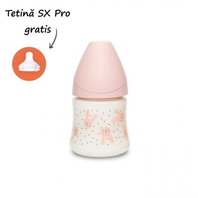 Biberon 150 ml cu tetină rotundă din silicon, debit lent, iepuraș roz Hygge Suavinex JEM8426420069038