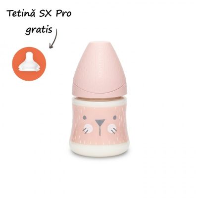 Biberon 150 ml cu tetină rotundă din silicon, debit lent, pisică roz Hygge Suavinex JEM8426420069069