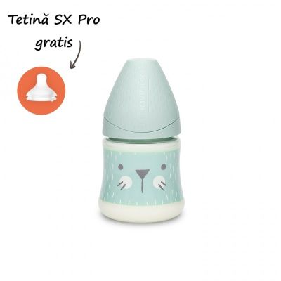 Biberon 150 ml cu tetină rotundă din silicon, debit lent, pisică verde Hygge Suavinex JEM8426420069045