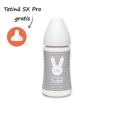 Biberon 270 ml cu tetină rotundă din silicon, 3 fluxuri, iepuraș cu linii gri, Hygge Suavinex JEM8426420069175