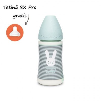 Biberon 270 ml cu tetină rotundă din silicon, 3 fluxuri, iepuraș cu linii verzi, Hygge Suavinex JEM8426420069168