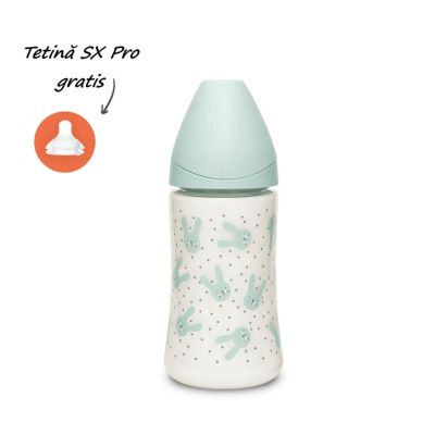 Biberon 270 ml cu tetină rotundă din silicon, 3 fluxuri, iepuraș verde Hygge Suavinex JEM8426420069137