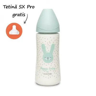 Biberon 360 ml cu tetină rotundă din silicon, debit dens, iepuraș verde Hygge Suavinex JEM8426420069250