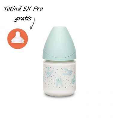 Biberon din sticlă 120 ml cu tetină rotundă din silicon, debit lent, iepuraș verde Hygge Suavinex JEM8426420068772
