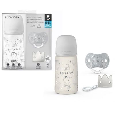 Set Cadou Biberon 270ml + Suzetă 0-6m + Clema Silver Premium, Spread Joy, Suavinex JEM8426420077071