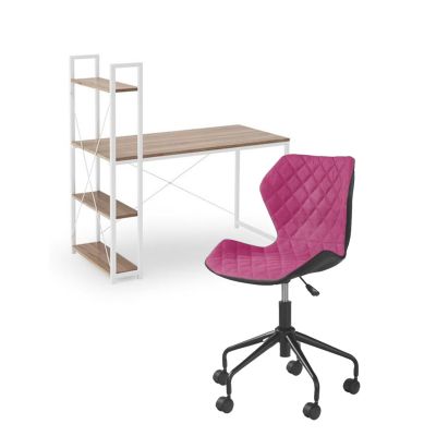 Set birou cu rafturi hm narvik b1, cadru metalic, pal melaminat, 120x64x120 cm, stejar sonoma/alb si scaun birou hm matrix, ergonomic, stofa/piele ecologica, 100 kg, negru/roz drm10356