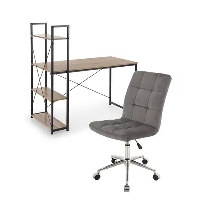 Set birou cu rafturi hm narvik b1, cadru metalic, pal melaminat, 120x64x120 cm, stejar sonoma/negru si scaun stofa tip catifea sl q020, inaltime reglabila, cadru cromat, 90 kg, gri drm10357