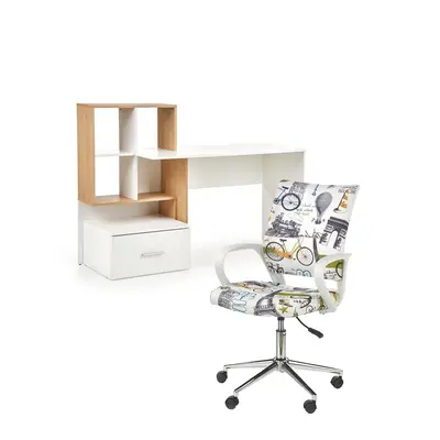 Set birou cu spatii depozitare hm grosso, rafturi, sertar, pal melaminat, 149x50x105 cm, stejar auriu/alb si scaun copii hm ibis paris, ergonomic, cadru cromat, stofa, 100 kg, multicolor drm10352