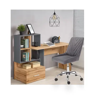 Set birou cu spatii depozitare hm grosso, rafturi, sertar, pal melaminat, 149x50x105 cm, stejar auriu/antracit si scaun copii hm rico, ergonomic, stofa tip catifea, 100 kg, gri drm10351