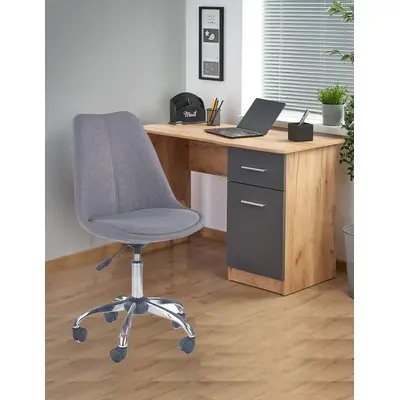 Set birou cu usa si sertar hm elmo, pal melaminat, 120x55x78 cm, stejar/antracit si scaun copii hm coco 4, ergonomic, stofa, inaltime ajustabila, 80 kg, gri deschis drm10348