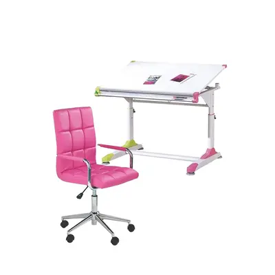 Set birou ergonomic hm collorido, inaltime reglabila, unghi inclinare ajustabil, mdf, alb si scaun birou hm gonzo 2, piele ecologica, mecanism de balans, 90 kg, roz drm10345