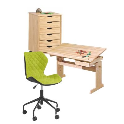 Set birou ergonomic hm julia inaltime reglabila, unghi inclinare ajustabil, cu scaun hm matrix negru/verde, stofa, 100 kg si dulapior rulant hm nils, cu roti, lemn, natur drm10329