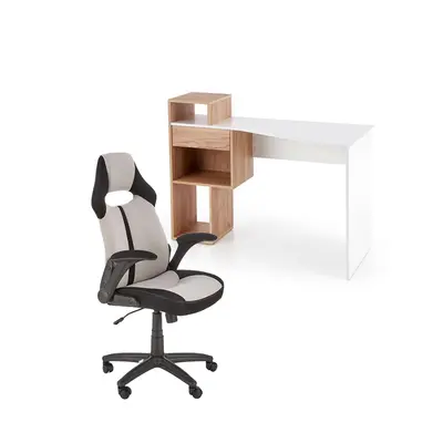 Set birou hm conti, rafturi, sertar, pal melaminat, 122x57x90 cm, stejar/alb si scaun copii hm bloom, stofa/mesh, mecanism de balans, cotiere rabatabile, gri/negru drm10347