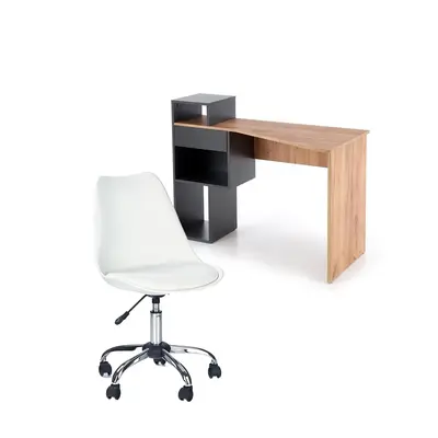 Set birou hm conti, rafturi, sertar, pal melaminat, 122x57x90 cm, stejar/gri si scaun pentru copii hm coco, piele ecologica, inaltime reglabila, 80 kg, alb drm10346