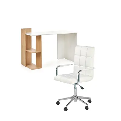 Set birou hm fino, 2 rafturi, pal melaminat, 122x57x85 cm, stejar auriu si scaun copii hm gonzo 2, ergonomic, tapitat cu piele ecologica, cu brate, 90 kg, alb drm10350