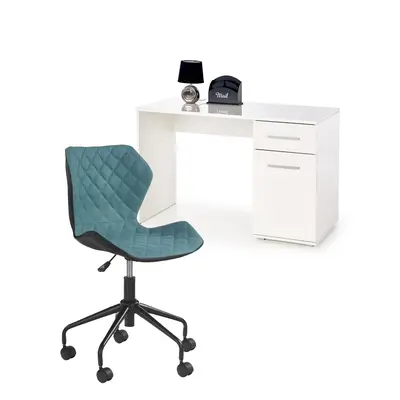 Set birou hm lima b1, cu usa si sertar, pal melaminat, 120x55x75 cm, alb si scaun copii hm matrix, ergonomic, stofa/piele ecologica, 100 kg, negru/turcoaz drm10355