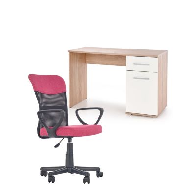 Set birou hm lima b1, cu usa si sertar, pal melaminat, 120x55x75 cm, stejar sonoma/alb si scaun copii hm timmy, ergonomic, inaltime reglabila, rotire 360 ˚,120 kg, roz drm10354