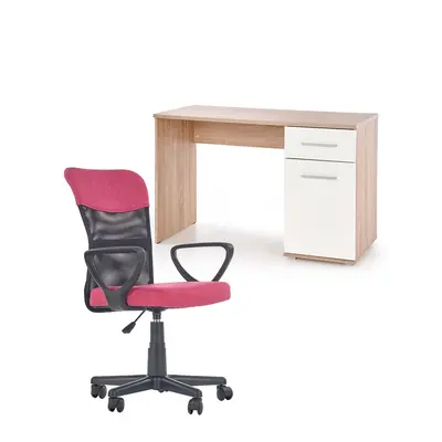 Set birou hm lima b1, cu usa si sertar, pal melaminat, 120x55x75 cm, stejar sonoma/alb si scaun copii hm timmy, ergonomic, inaltime reglabila, rotire 360 ˚,120 kg, roz drm10354