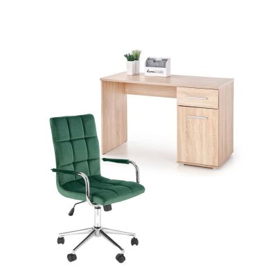 Set birou hm lima b1, cu usa si sertar, pal melaminat, 120x55x75 cm, stejar sonoma si scaun hm gonzo 4, stofa tip catifea, mecanism de balans, cadru cromat, 90 kg, verde drm10353