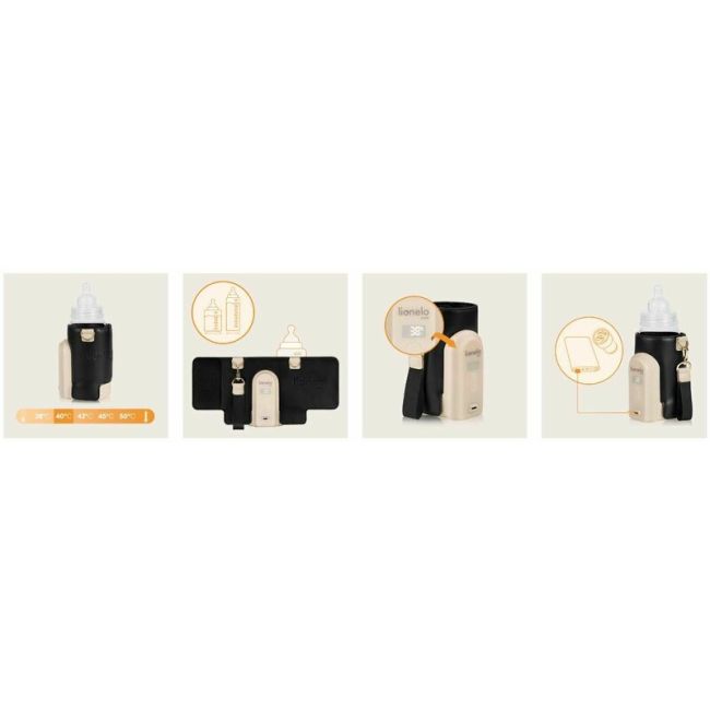 Incalzitor biberoane, Lionelo, ThermUp Go Evo, Portabil, Cu 5 niveluri de incalzire, Cu buton Safety Control, Mentinere caldura pana la 9h, Incarcare USB, Negru/Auriu BYNLOC-THERMUP_GO_EVO_BLACK_GOLD