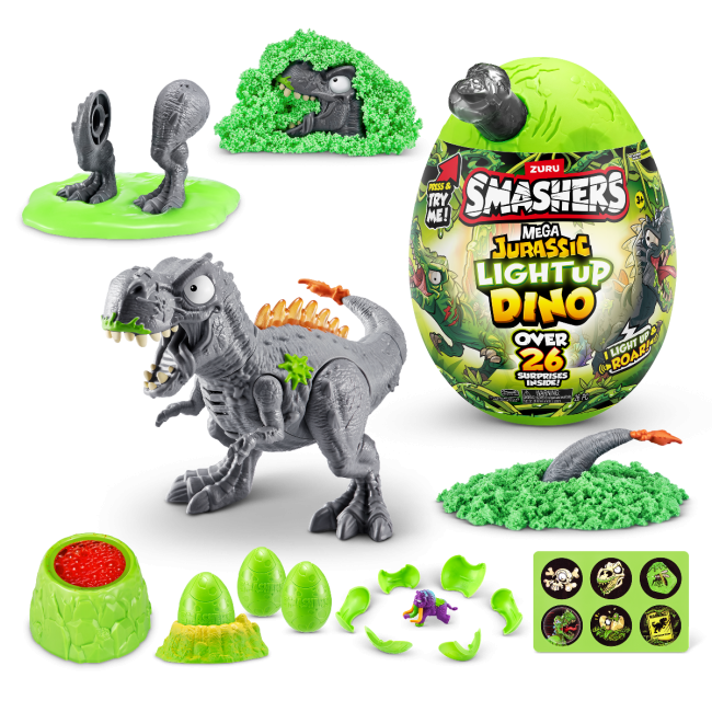 Smashers - Mega Ou surpriza cu peste 26 accesorii, Dino Jurassic Light-Up BKF74108
